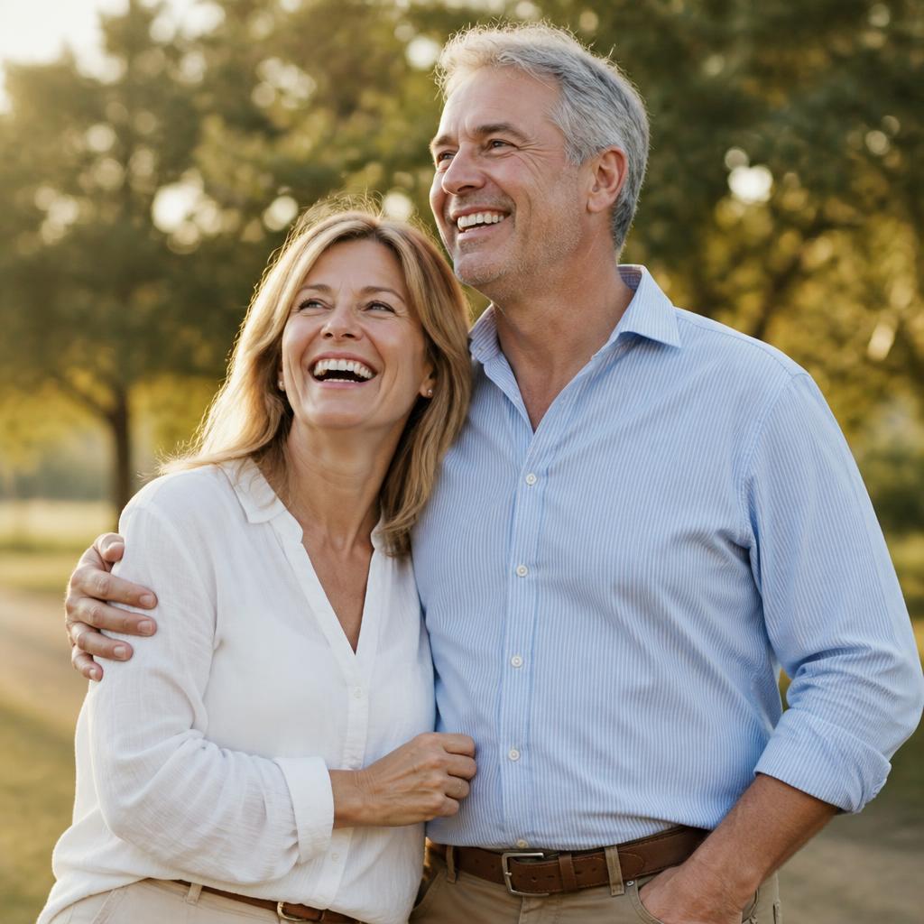 A smiling couple in their fifties laughing together outdoors
